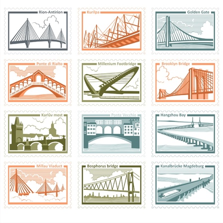The collection of stamps with the image of 12 famous bridges in the world illustrationのイラスト素材