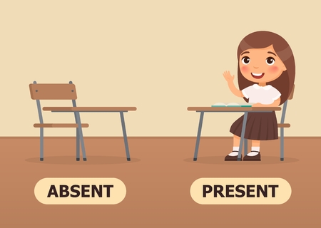 Vector antonyms and opposites. ABSENT and PRESENT. Card for teaching aidのイラスト素材