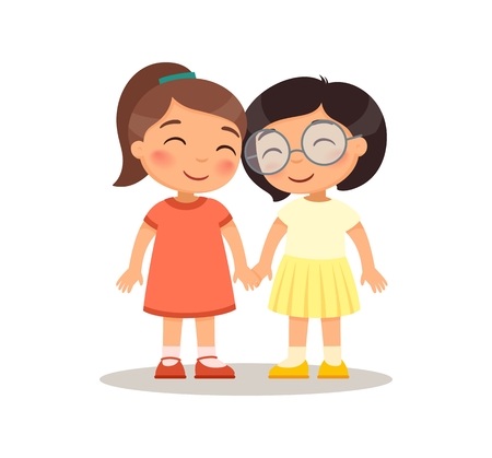 Smiling girls kids holding hands. Children cartoon characters. Flat vector illustration, Isolated on white backgroundのイラスト素材