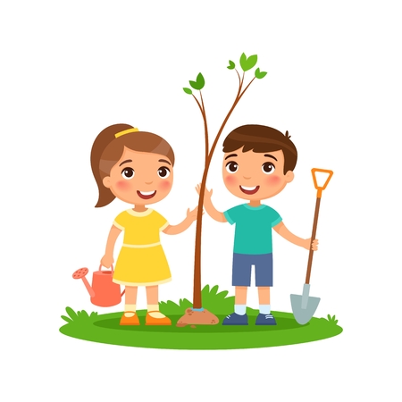 Vector scene on environmental issues. Can and shovel for planting seedlingのイラスト素材