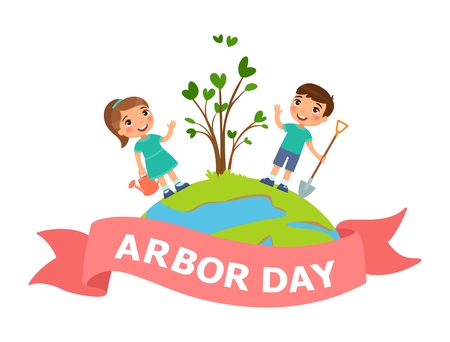 Conceptual illustration of Arbor Day. Boy and girl on the planet earthのイラスト素材