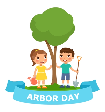 Boy and girl near the tree. Conceptual illustration of Arbor Dayのイラスト素材