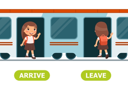 Girl gets out of train Arrive and leave illustration. Vocabulary English opposite words.のイラスト素材