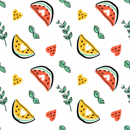 Seamless vector pattern with watermelons and mint.Bright summer background.のイラスト素材