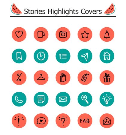 Trendy Highlights Stories Icons. Set of 25 hand drawn illustration covers. Fully editable, scalable vector file.のイラスト素材
