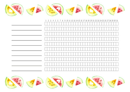 Habit tracker blank with trend design. Monthly planner template. Bright illustrations of watercolor watermelons slices.のイラスト素材