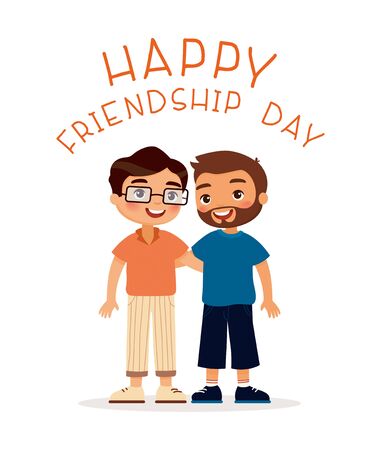 Happy friendship day. Two young guys hugging. Funky cartoon character. Vector illustration. Isolated on white backgroundのイラスト素材