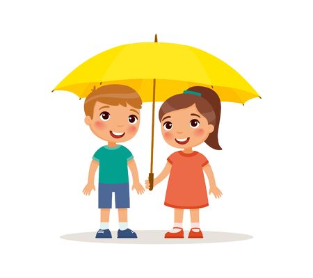 Cute little boy and girl stand with an umbrella. Happy school or preschool kids friends playing together. Funny cartoon character. Vector illustration. Isolated on white backgroundのイラスト素材