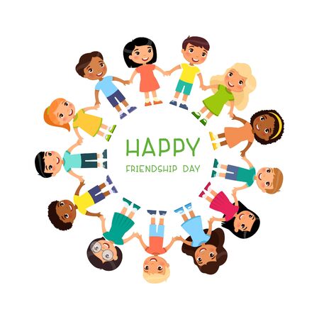 Poster with multicultural children are standing around. Friendship Day or Children's Day. Funny cartoon character. Funny cartoon character.  Vector illustration. Isolated on white backgroundのイラスト素材