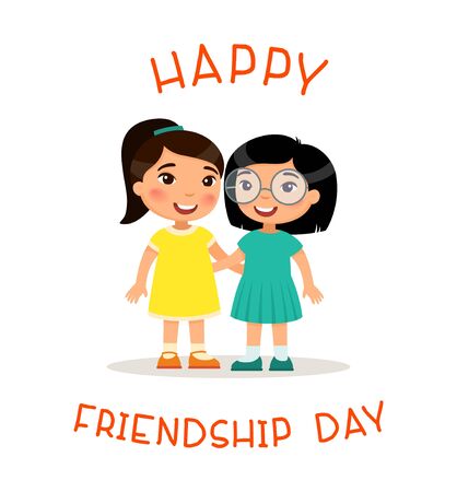 Happy Friendship Day. Two cute little asian girls hugging. Funny cartoon character. Vector illustration. Isolated on white backgroundのイラスト素材