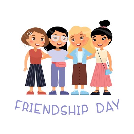 Friendship Day. Four young international women friends hugging. Funny cartoon character. Vector illustration. Isolated on white background.のイラスト素材