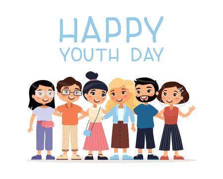 Happy Youth Day. Six international young  girls and boys friends hugging. Funny cartoon character. Vector illustration. Isolated on white background.のイラスト素材