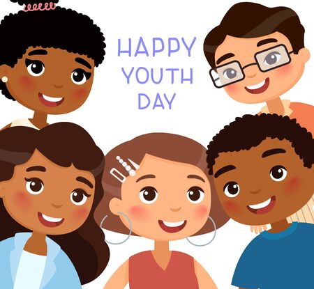 Happy Youth Day poster. International young girls and young boys friends. Funny cartoon character.  Vector illustration. Isolated on white backgroundのイラスト素材