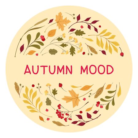 Autumn mood flat vector greeting card template. Wind blown, floating yellow oak, maple leaves. Fall wildflowers and cranberry. Seasonal wild plants berries with lettering. Botanical posterのイラスト素材