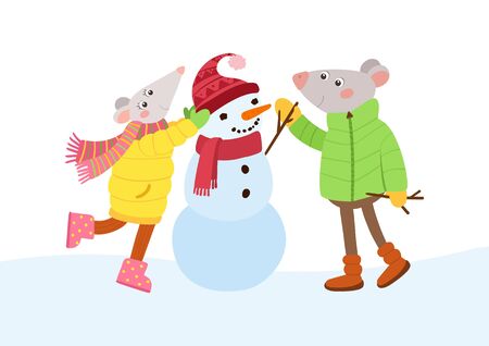 Mice couple making snowman flat vector illustration. Romantic rats  cartoon characters. Winter season games, fun.のイラスト素材