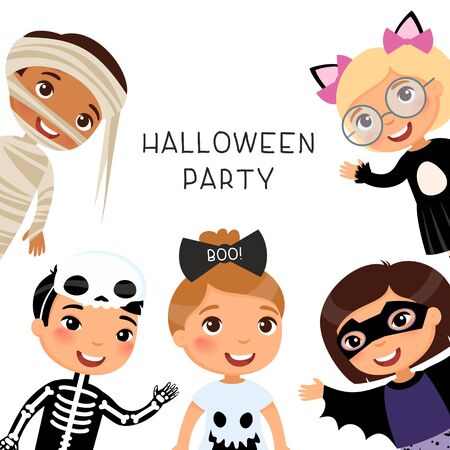 Halloween party flat vector banner template.  
Children in spooky monsters costumes flat vector illustrations.のイラスト素材