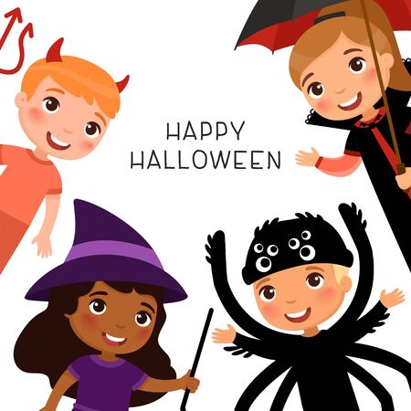 Halloween party flat vector banner template.  
Children in spooky monsters costumes flat vector illustrations.
Vampire, devil, witch and spider cartoon characters.のイラスト素材