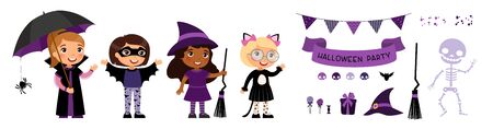 Children in spooky monsters costumes flat vector illustrations set. Halloween party decorations pack. Trick or treat october holiday tradition. Broom, hat and skeleton cartoon stickers packのイラスト素材