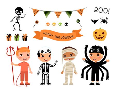 Boys in scary monsters costumes flat vector characters set. Children in devil, skeleton, mummy and spider outfits cartoon illustrations. Trick or treat tradition. Halloween party stickers packのイラスト素材