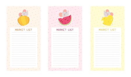 Market lists flat vector templates set. Cute mice holding pumpkin, watermelon and cheese cartoon characters. Notepad checklist layoutのイラスト素材