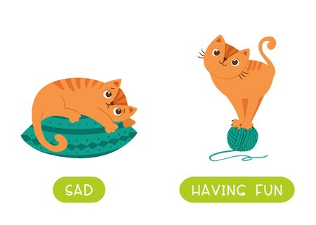 Childish word card with antonyms vector template. Mood concept, sad and having fun. Flashcard for foreign language learning. Cat lying on pillow and playful kitten flat illustration with typographyのイラスト素材