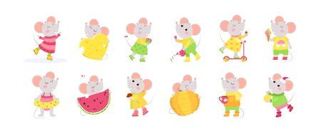 12 cute little mice cartoon characters.  Chinese zodiac sign.  New Year 2020. Big set of flat vector illustrations.のイラスト素材