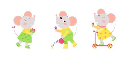 Little mouse holding flowers bouquet, rides a scooter, watering a flower. Spring holiday postcard, greeting card design. Flat vector characters illustration set.のイラスト素材