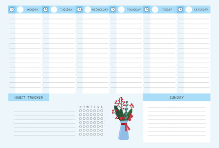 Weekly planner with habit tracker vector template. Empty personal organizer page, Blank timetable. Traditional Christmas symbolic tree leaves, berries, bouquet  illustration with text spaceのイラスト素材