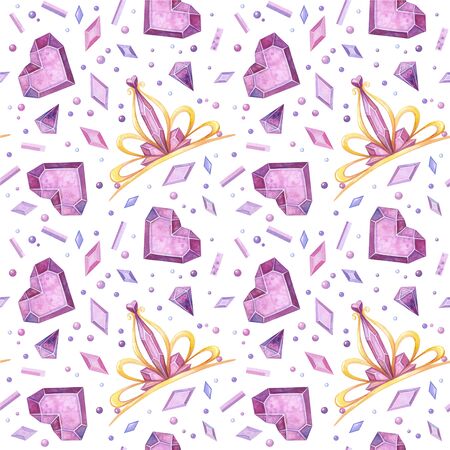 Diadems and crystals hand drawn seamless pattern. Crystalline tiaras, hearts and jewels color drawing. Fairy tale items texture. Creative textile, wallpaper, wrapping paper designの写真素材
