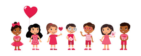 Multicultural little boys and girls dating, celebrating Valentines Day flat vector illustration. Young girlfriends and boyfriends isolated cartoon characters set. Children with February 14 presentsのイラスト素材