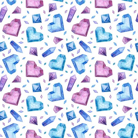 Icy hearts and crystals hand drawn seamless pattern. Brilliant crystalline shapes watercolor drawing. Jewels, bijouterie texture. Girlish textile, wallpaper, wrapping paper designの写真素材