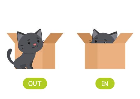 In and out antonyms word card flat vector template. Flashcard for english language learning. Opposites concept. Kitten in box and outside cartoon illustration with typography