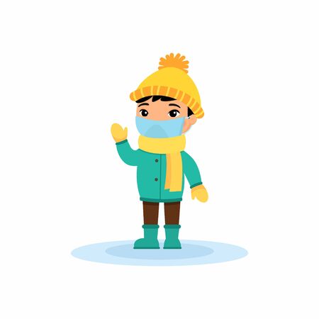 A little asian boy with respiratory mask on his face waves his hand. Virus protection. Cute flat character with winter clothes. Vector illustration on a white background.のイラスト素材