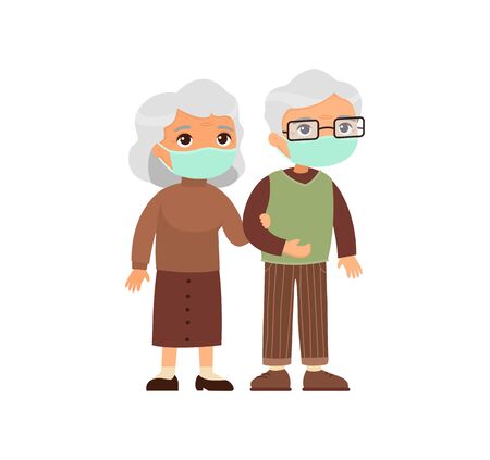 Old  caucasian couple in medical masks. Senior couple walking together. Elderly woman holds arm of elderly man. Respiratory viral infections or allergies concept. Vector illustrationのイラスト素材