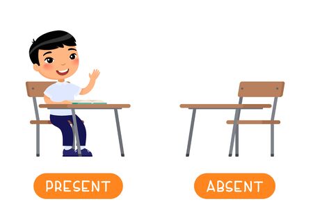 Absent and present antonyms word card vector template. Flashcard for english language learning. Opposites concept. Asian little boy sits at a school desk, absents at school. Illustration with typographyのイラスト素材
