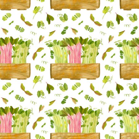 Wooden box with seedlings. Seasonal pea, beet,  basil multicolored crops.  Fresh microgreens, cress salad. Garden season. Hand drawn watercolor seamless pattern. Wallpaper, wrapping paper design, textile, scrapbooking, digital paper.の写真素材