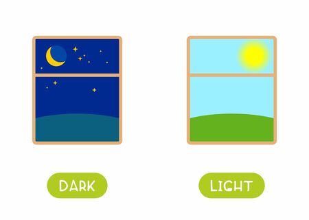 Dark and light antonyms word card flat vector template. Flashcard for english language learning. Opposites concept. Night and morning nature landscape cartoon illustration with typographyのイラスト素材