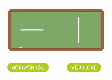 Opposites concept, HORIZONTAL and VERTICAL. Word card for language learning. On the chalkboard is vertical line and horizontal line. Flashcard with antonyms for children vector template. Flat illustration with typography.のイラスト素材