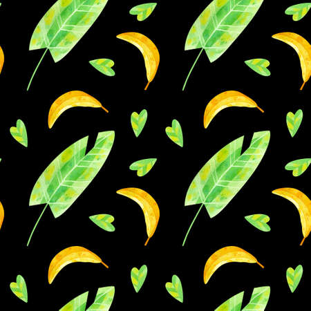 Summer season mood watercolor seamless pattern. Exotic jungle banana leaves and fruits, foliage, plants flora. Tropical exotic greens watercolor illustration on dark background. Wallpaper, wrapping paper design, textile, scrapbooking, digital paper.の写真素材