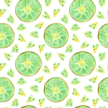 Kiwi fruit drawings seamless pattern. Summer tropical fruits hand drawn texture. Watercolor creative wallpaper, wrapping paper, textile design, scrapbooking, digital paper.の写真素材