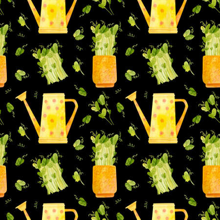 Spring garden seamless pattern. Yellow watering can and seedlings of pea. Cartoon greens watercolor illustration. Wallpaper, wrapping paper design, textile, scrapbooking, digital paper.の写真素材