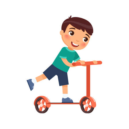 Little happy boy rides a scooter.のイラスト素材