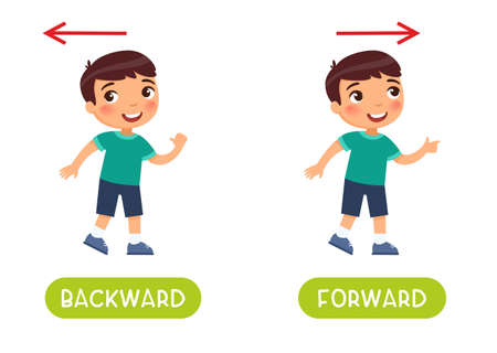 Backward and forward antonyms word card vector template. Flashcard for english language learning. Opposites concept. The boy steps backward, the child steps forward and the arrows indicate the direction.