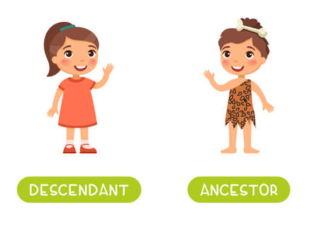 Descendant and ancestor antonyms word card vector template. Flashcard for english language learning. Opposites concept. A little girl in the image of an ancient man, a modern child.のイラスト素材