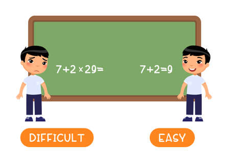 Opposites concept, EASY and DIFFICULT. Word card with little asian schoolboy vector template. Flash card for foreign language with pupil in class. Kid doing math sums flat illustration with typographyのイラスト素材