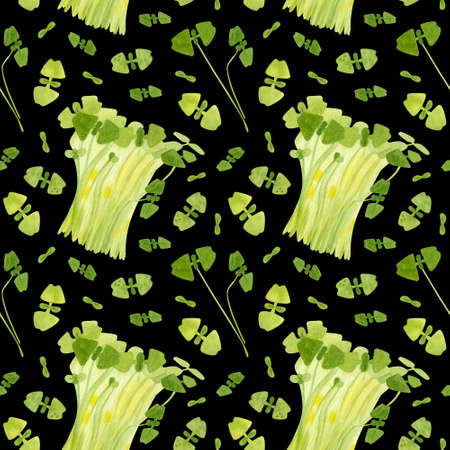 Spring garden leaves of basil seamless pattern. Cartoon greens  watercolor illustration. Wallpaper, wrapping paper design, textile, scrapbooking, digital paper.の写真素材