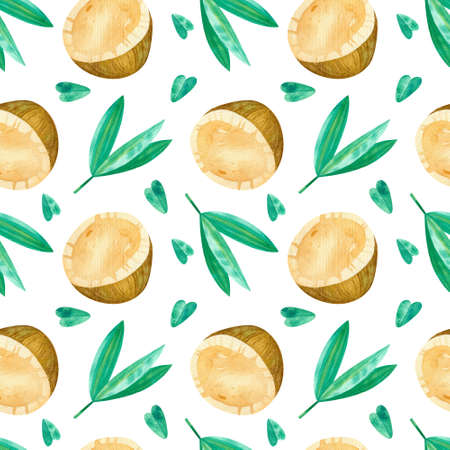 Coconuts and green leaves drawings seamless pattern. Summer tropical fruits and leaves hand drawn texture. Watercolor creative wallpaper, wrapping paper, textile design, scrapbooking, digital paper.の写真素材