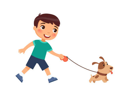 Joyful little boy is walking on a leash of a cute puppy. The concept of friendship with pets. Cartoon characters isolated on white background. Flat vector color illustration.のイラスト素材