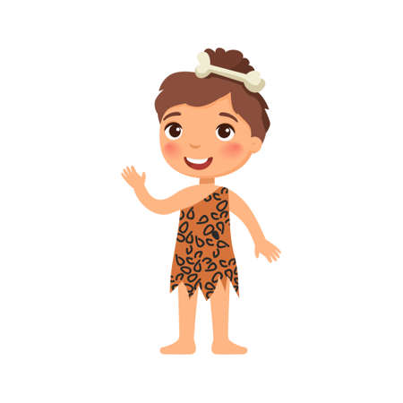 Little girl in the image of an ancient man. History of mankind. Cute cartoon character isolated on white background. Flat vector color illustration.のイラスト素材