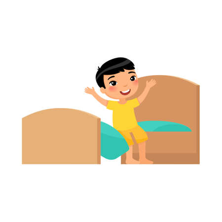 Happy little asian boy is sitting on the bed. Happy baby stretches. Day mode concept. Outside the window the morning sun shines. Cartoon vector character on a white background. Flat illustration.のイラスト素材